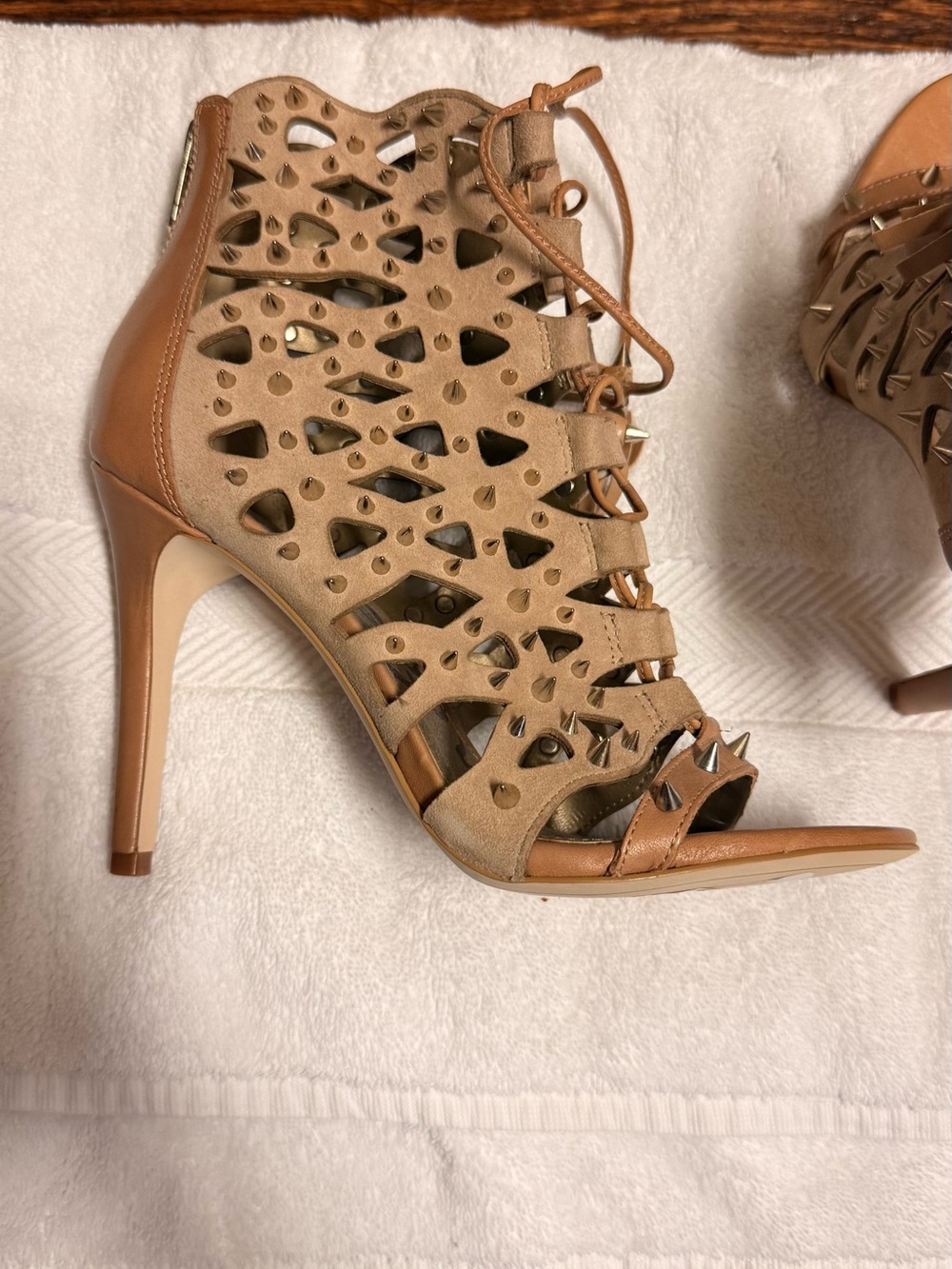 Sam Edelman Tan Studded Lace-Up Open-Toe Heels - Picture 5 of 8